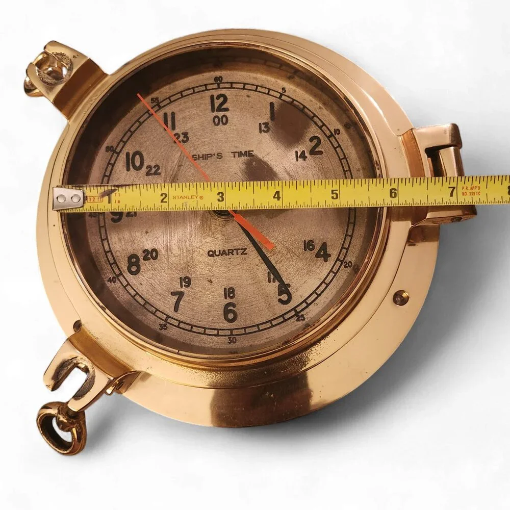 Vtg Quartz Ship's Time Solid Brass Nautical Porthole Clock w/ Gold Tone Face